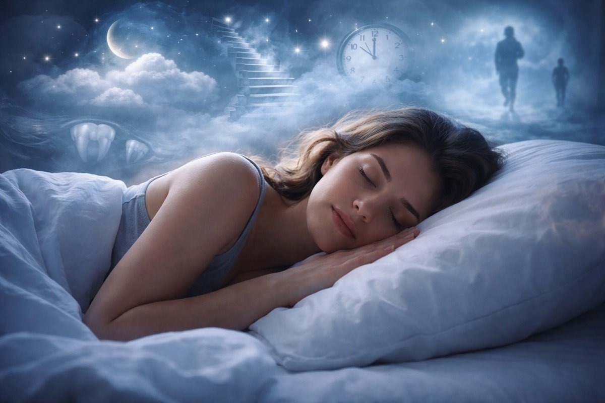 Жена спи спокойно, докато абстрактни образи от сънища се появяват в меко осветена нощна сцена, символизираща вътрешни промени и психическо напрежение