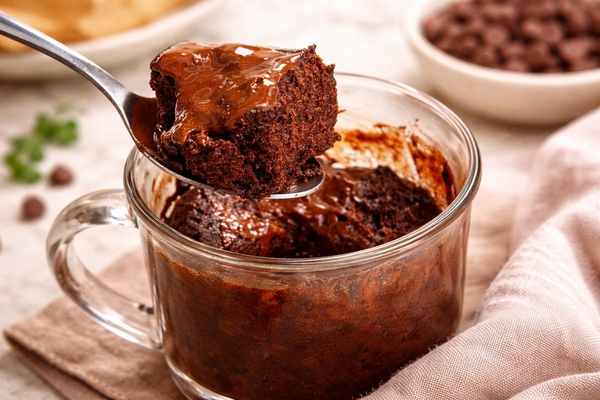 Шоколадов mug cake в стъклена чаша с разтопено шоколадово сърце