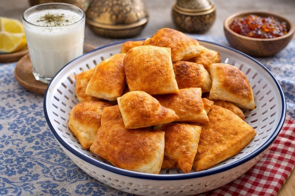 Златисти содени питки без мая, поднесени в керамична купа, с чаша айрян и фини ориенталски елементи върху текстилна покривка, реалистична домашна закуска.