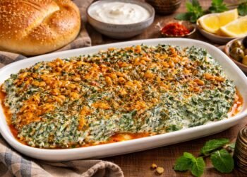 Спаначен борани с цедено кисело мляко, полят с масло и подправки, поднесен с топла погача и ориенталски елементи върху дървена маса, хоризонтална композиция без надписи