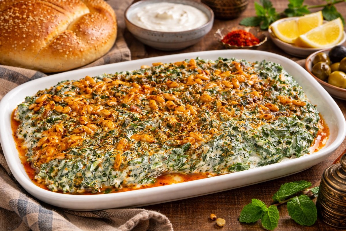 Спаначен борани с цедено кисело мляко, полят с масло и подправки, поднесен с топла погача и ориенталски елементи върху дървена маса, хоризонтална композиция без надписи