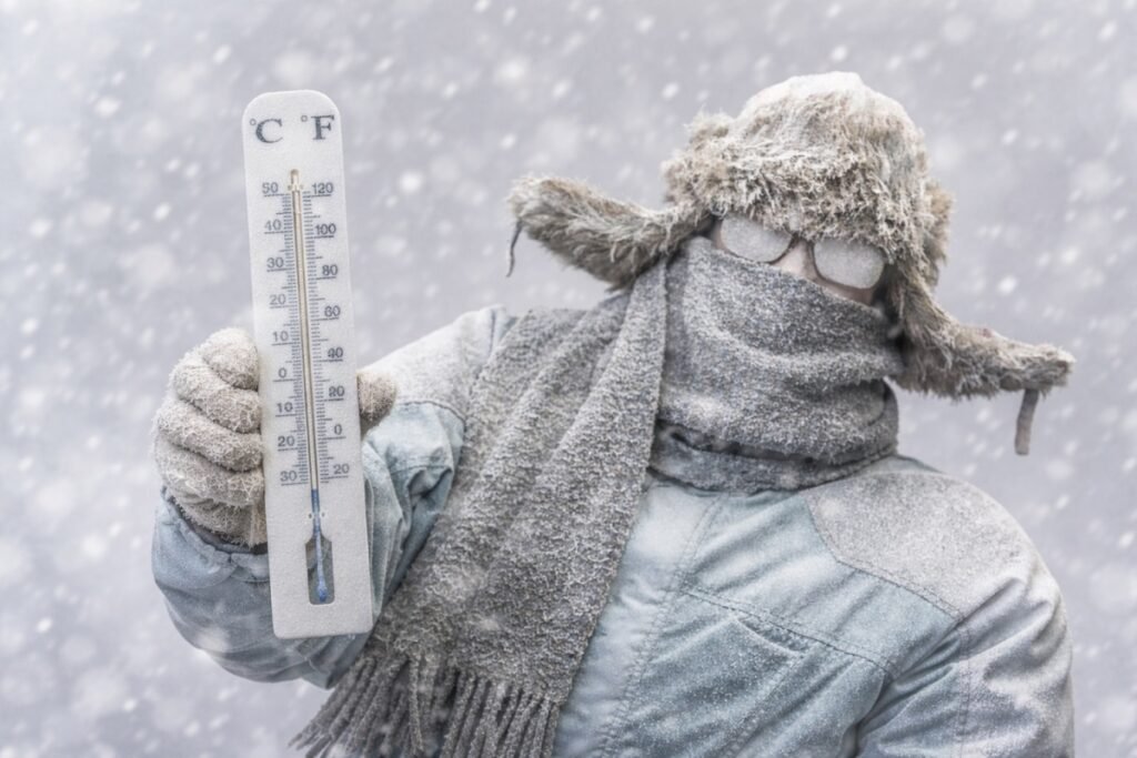 Човек в дебело зимно облекло, покрит със сняг, държи термометър с отрицателни температури по време на силен снеговалеж, заснет хоризонтално в студена зимна обстановка.
