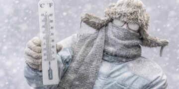 Човек в дебело зимно облекло, покрит със сняг, държи термометър с отрицателни температури по време на силен снеговалеж, заснет хоризонтално в студена зимна обстановка.