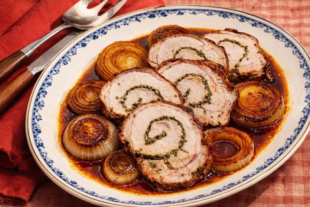 Свинско бонфиле с прошуто и билки, нарязано на резени и сервирано с печен лук