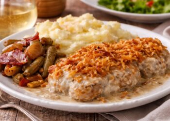 Свински пържоли в кремообразен гъбен сос с хрупкав френски лук, поднесени с картофено пюре, зелен фасул с бекон и чаша бяло вино, хоризонтален кадър без надписи.