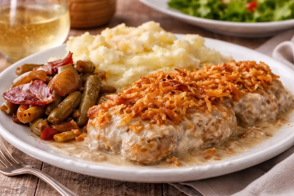 Свински пържоли в кремообразен гъбен сос с хрупкав френски лук, поднесени с картофено пюре, зелен фасул с бекон и чаша бяло вино, хоризонтален кадър без надписи.