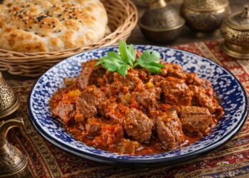 Телешко соте в доматен сос, поднесено в декоративна чиния с ориенталски елементи и топла питка хляб на заден план.