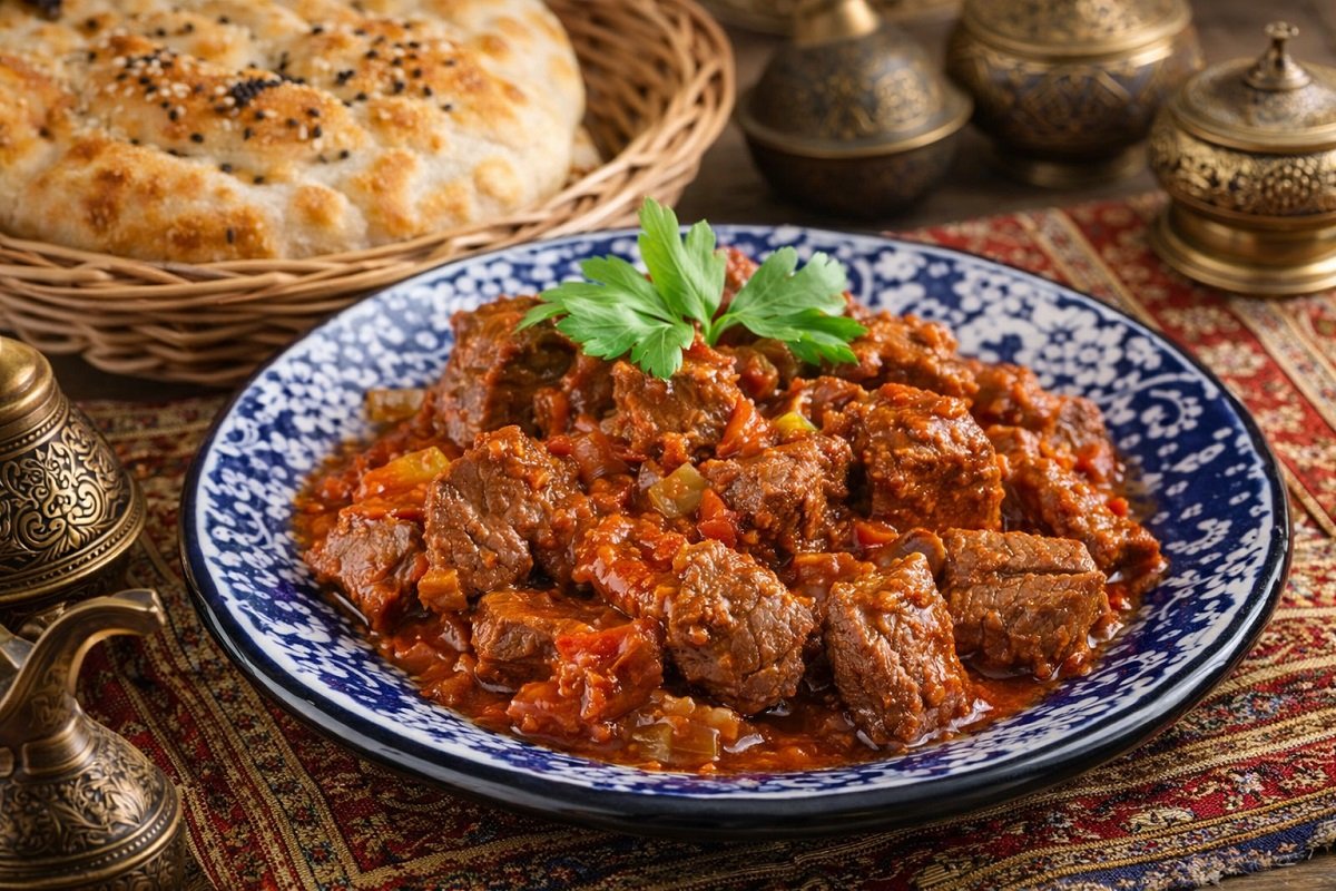 Телешко соте в доматен сос, поднесено в декоративна чиния с ориенталски елементи и топла питка хляб на заден план.