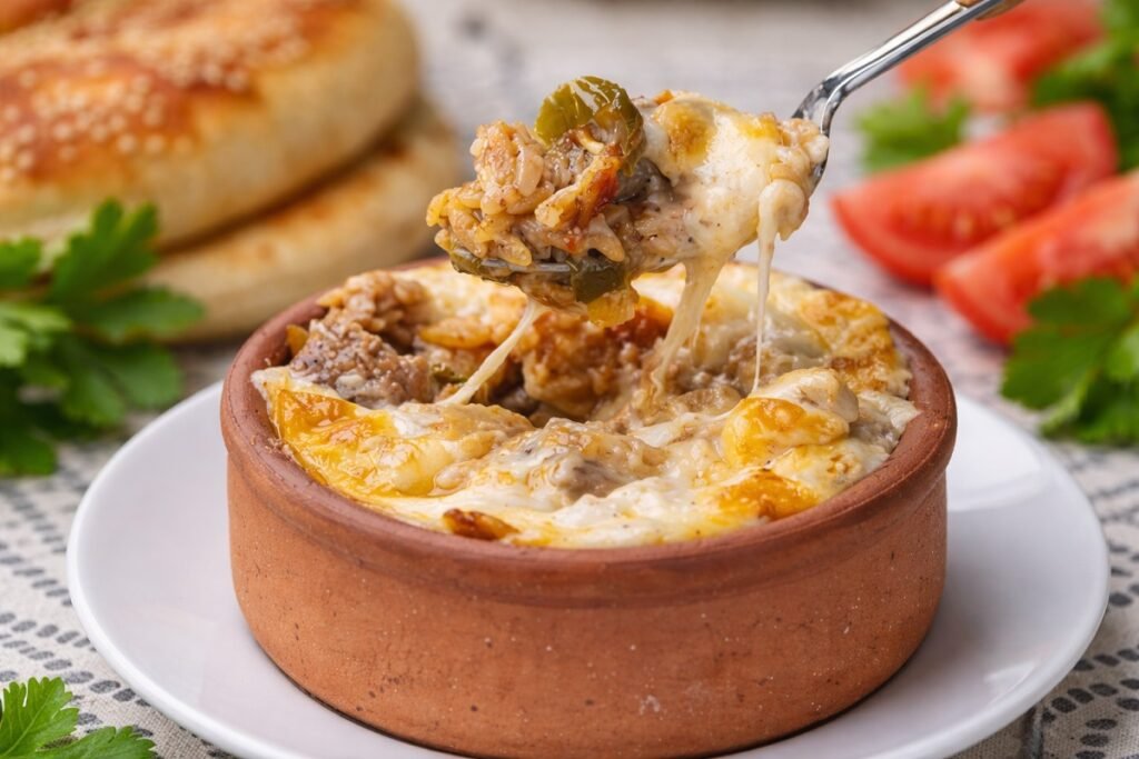 Турски харем гювеч с телешко месо, арпа шехрие и зеленчуци, покрит с разтопен бешамел и кашкавал, поднесен в глинено гювече с топла питка на заден план