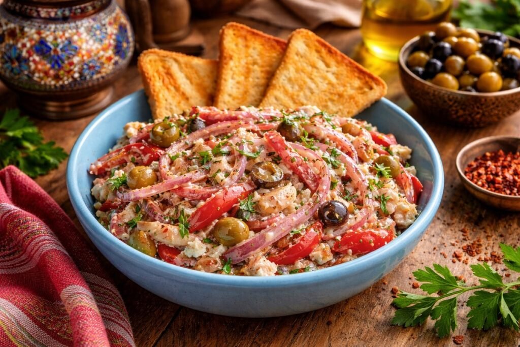 Турско мезе с печени червени чушки, маслини и зехтин, поднесено в керамична купа с препечен хляб и ориенталски акценти на дървена маса