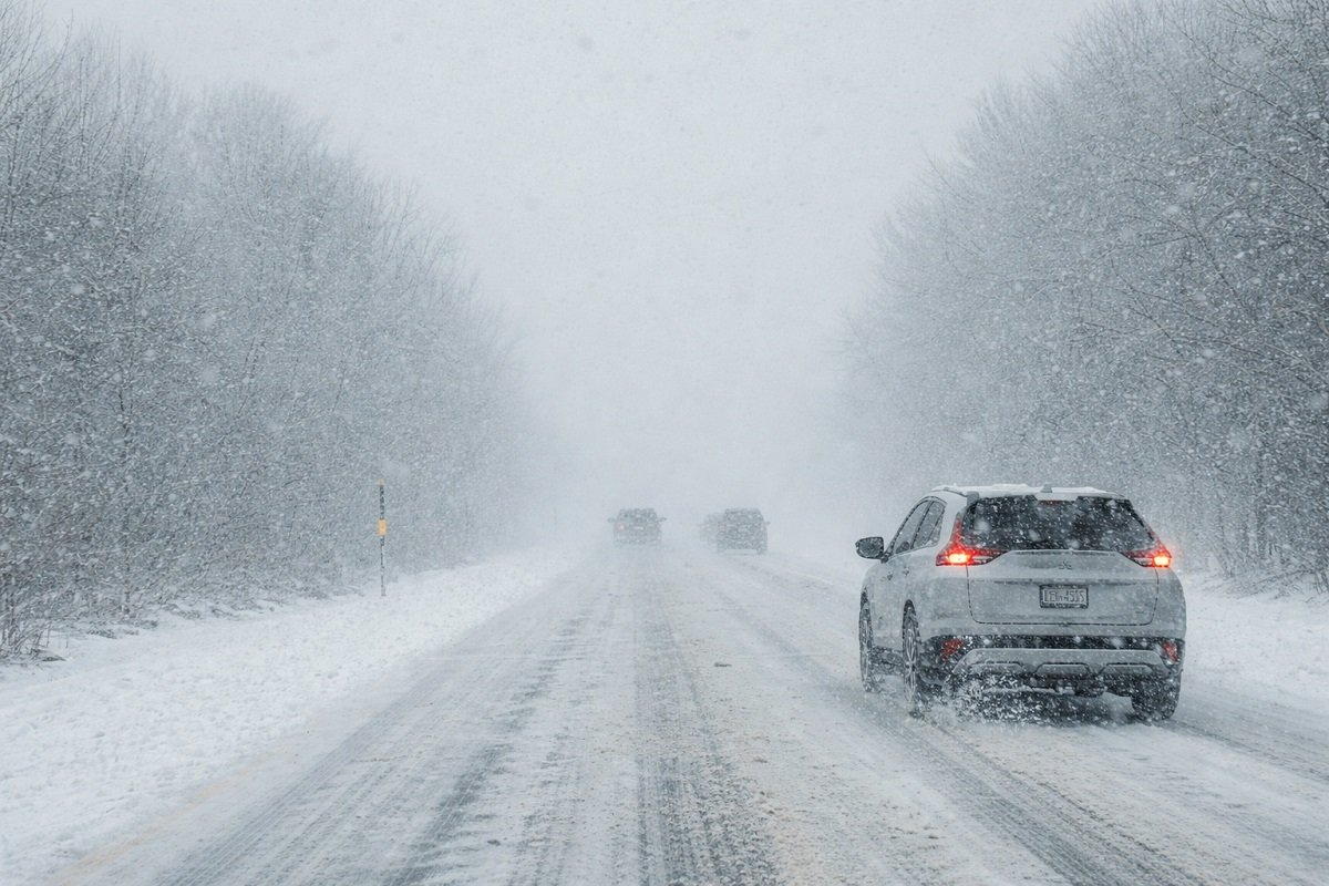 Зимен път с автомобили при силен снеговалеж и намалена видимост по време на оранжев код