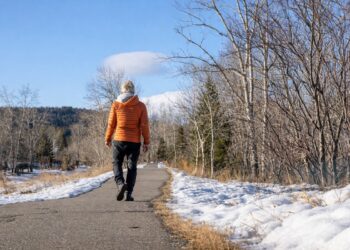 Човек с оранжево яке върви по асфалтирана алея сред зимен пейзаж с остатъци от сняг, голи дървета и ясно синьо небе, гледка отзад, хоризонтален кадър.