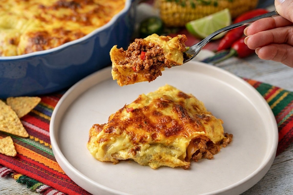 Запечени пшенични тортили с кайма и разтопено сирене на фурна, поднесени в близък план с леки мексикански акценти