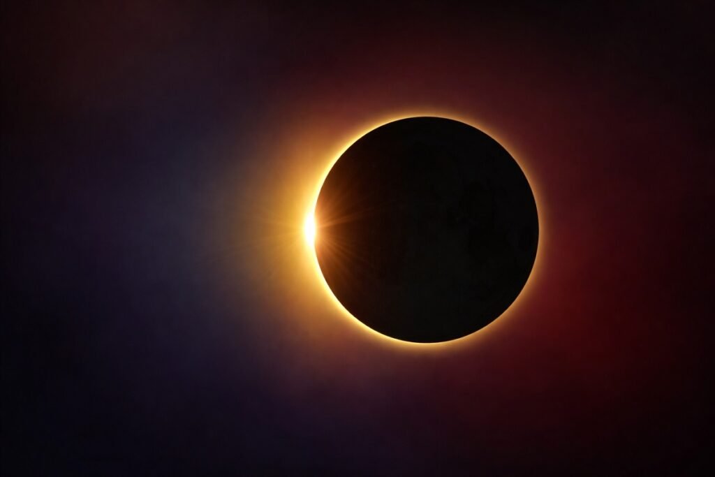 Фази на пръстеновидно слънчево затъмнение, при което Луната оставя видим „огнен пръстен“ около Слънцето