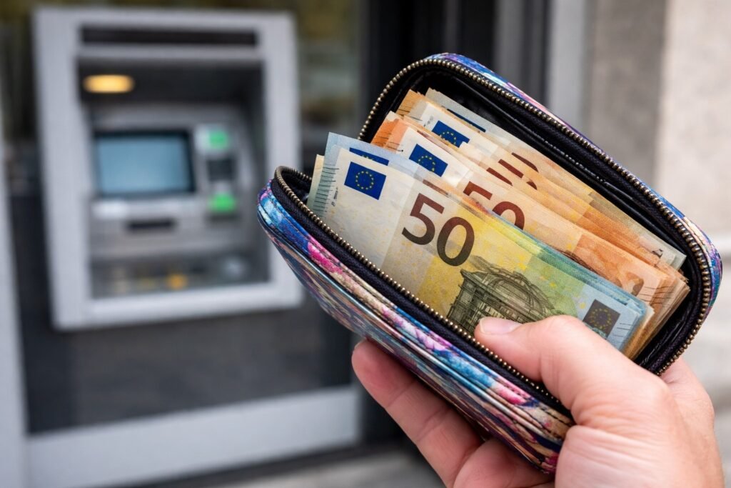 Ръка държи цветно портмоне с евробанкноти пред банкомат на открито във Варна