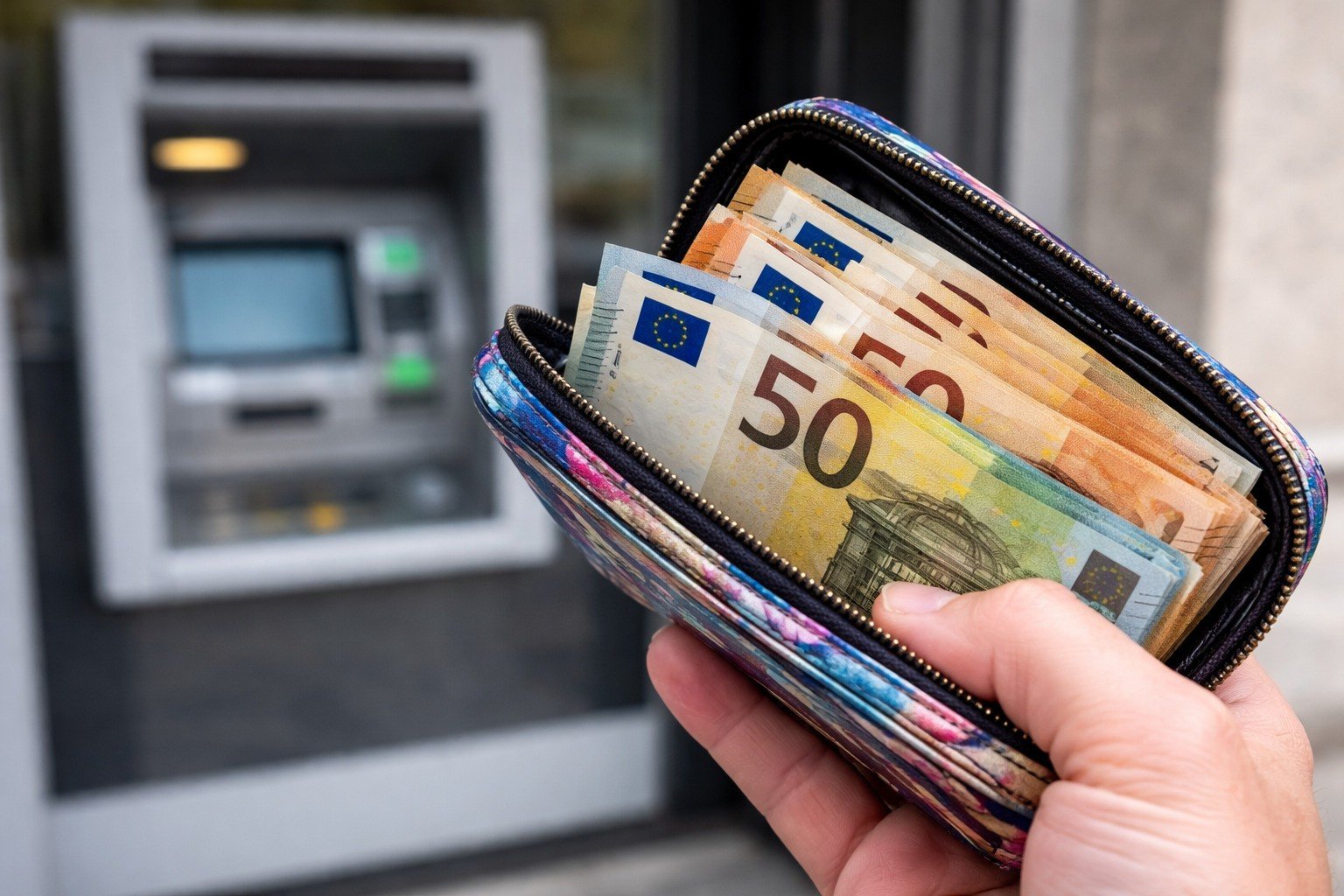 Ръка държи цветно портмоне с евробанкноти пред банкомат на открито във Варна